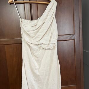 Abercrombie & Fitch One-Shoulder Linen Blend Dress in Light Beige L